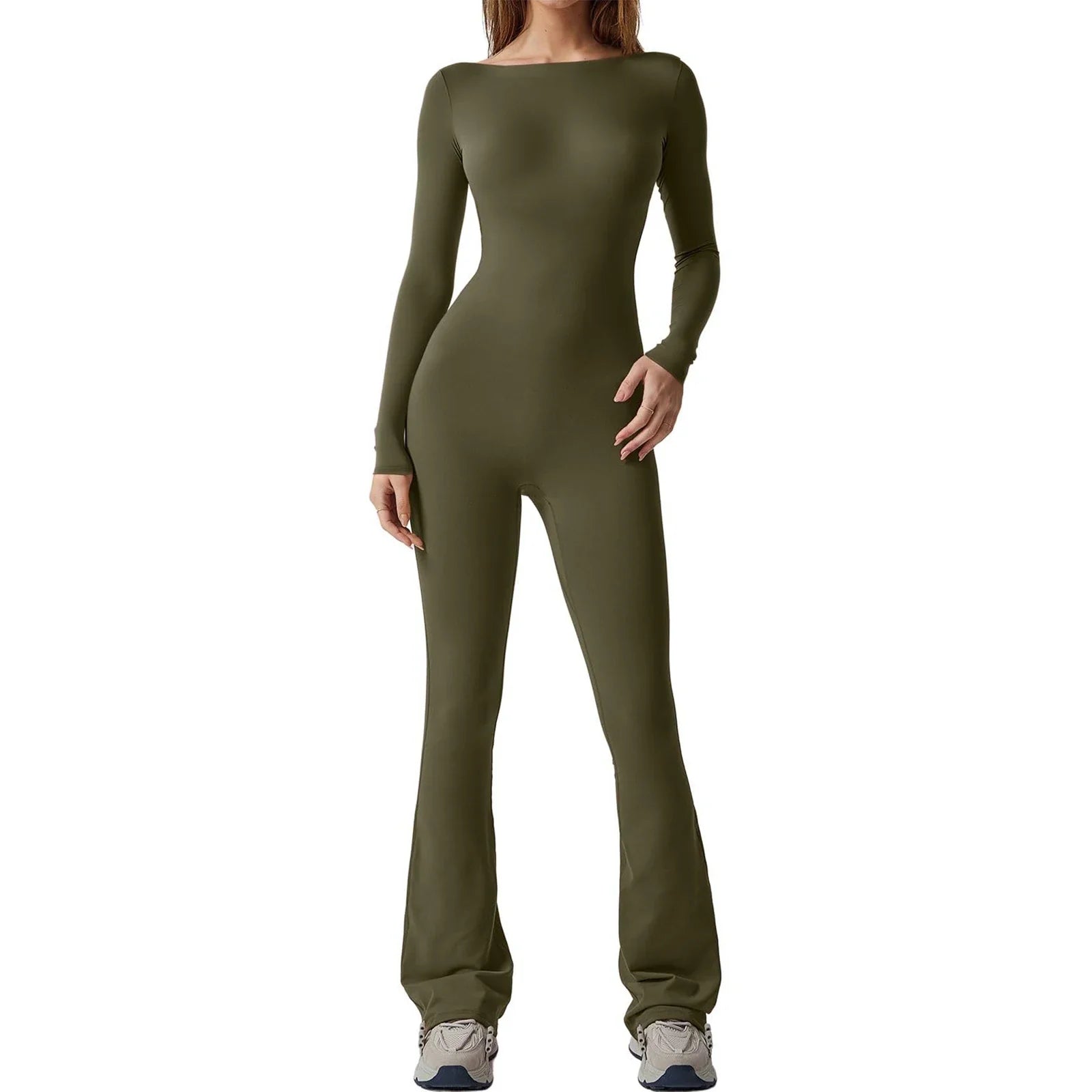 Women s Sexy Tight Backless Long Sleeve Flare Jumpsuits Bodycon Solid Color Bottom Pants Romper Playsuit Streetwear army green