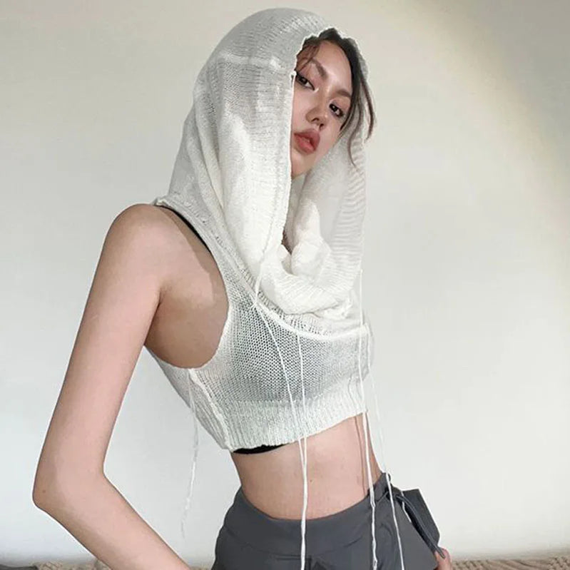 Knitted Y2k Hooded Crop Top Women Summer Sleeveless Off Shoulder T Shirt Top Hooded Tee Street Wear Fashion White Yuqung