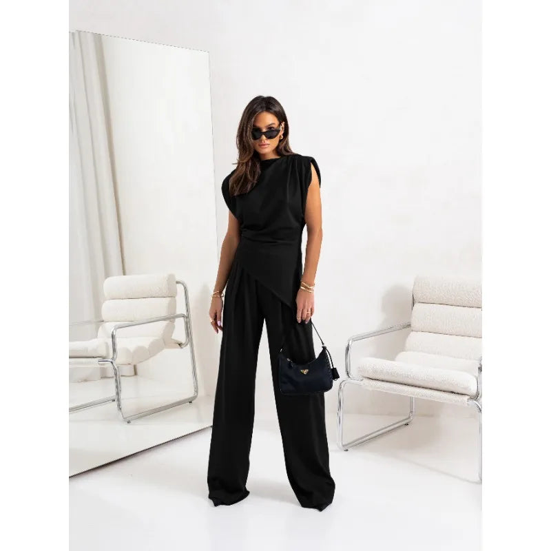 Plus Size New Women Fashion Solid Color O Neck Sleeveless Top + Pants Suit