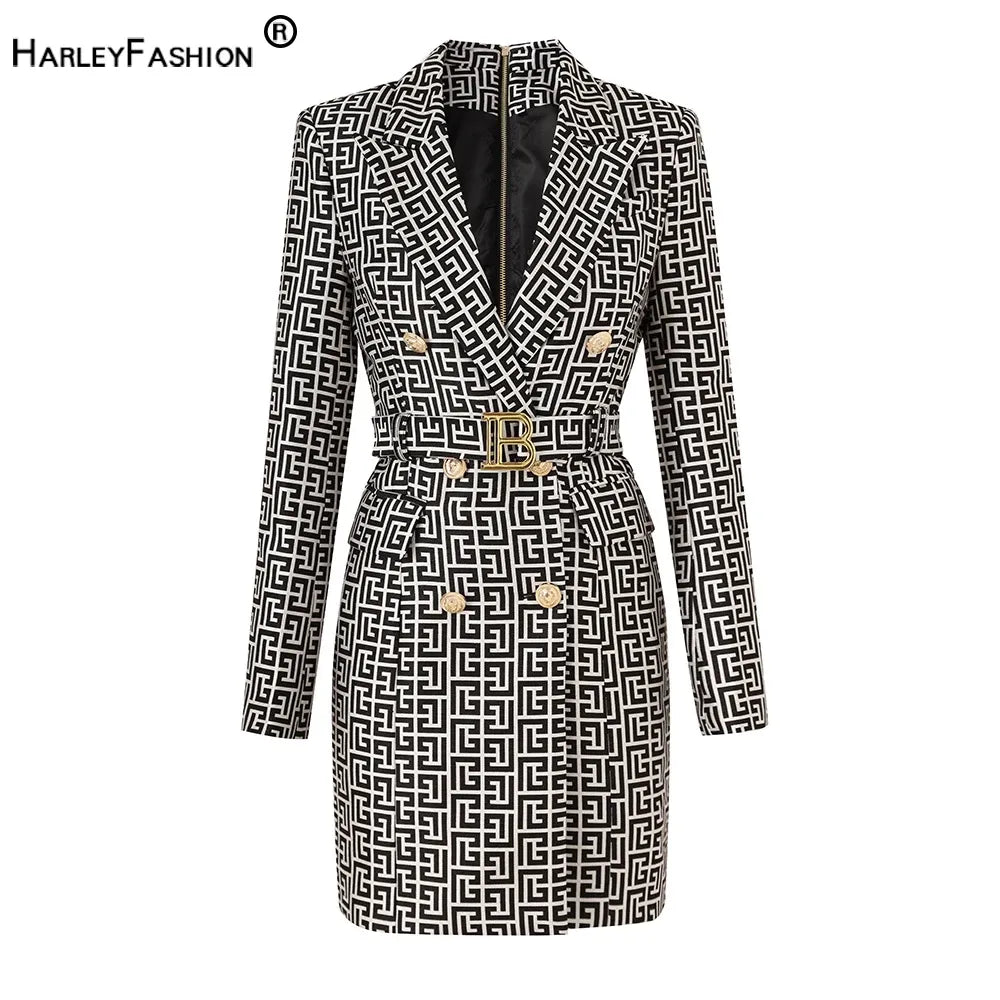 Brand New Workmanship Fashion Geometric Pattern Fall Winter Elegant Lady Women Slim Office Blazer Dress