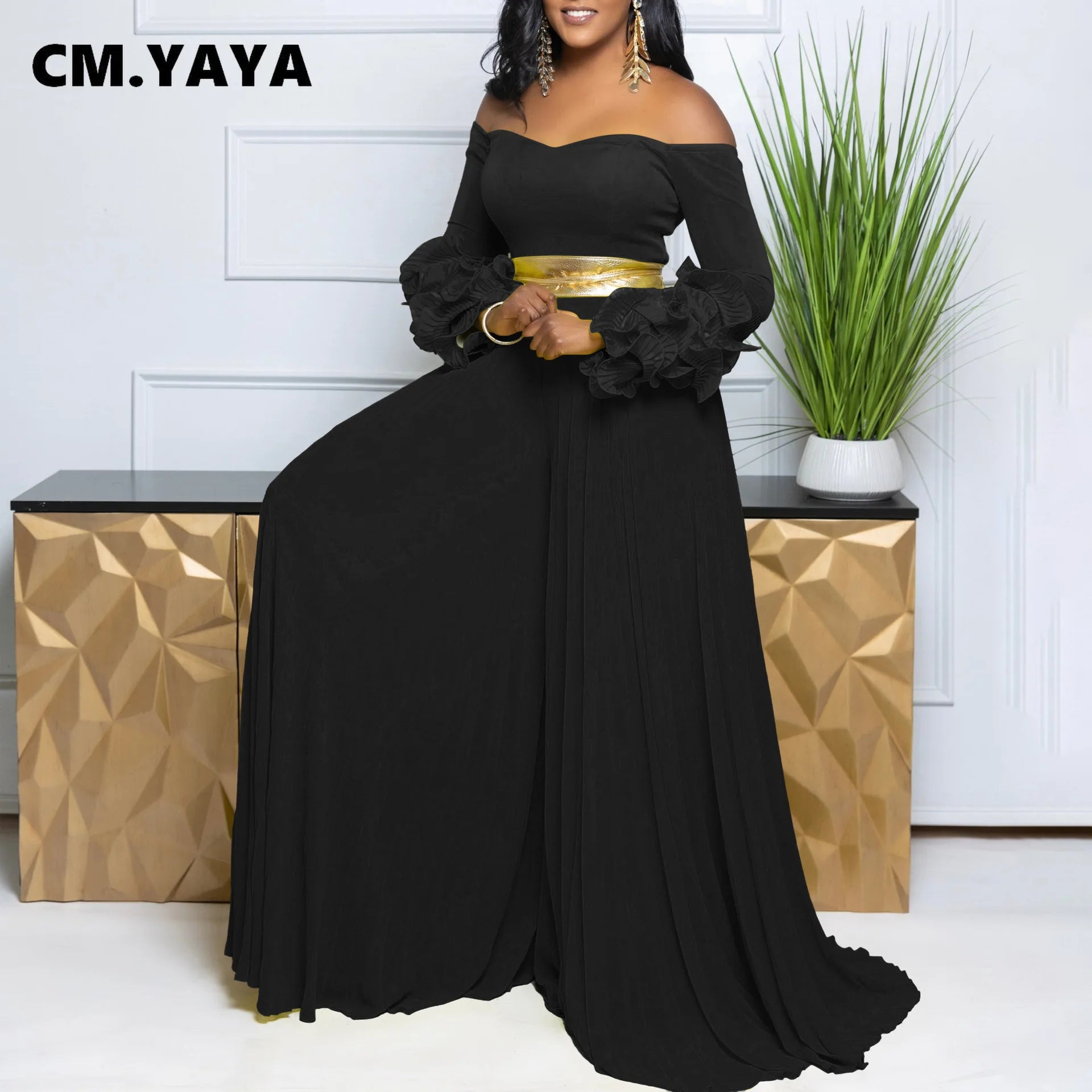 CM.YAYA Women Long Ruffles Sleeve Pleated Slash Neck Wide Leg Long Jumpsuits Party Beach belt Street Sexy Africa Outfit Rompers