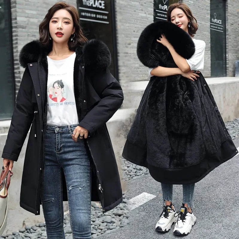 Winter Jacket Women Parka Clothes Long Coat Wool Liner Hooded Jacket Fur Collar Thick Warm Snow Wear Padded Parka