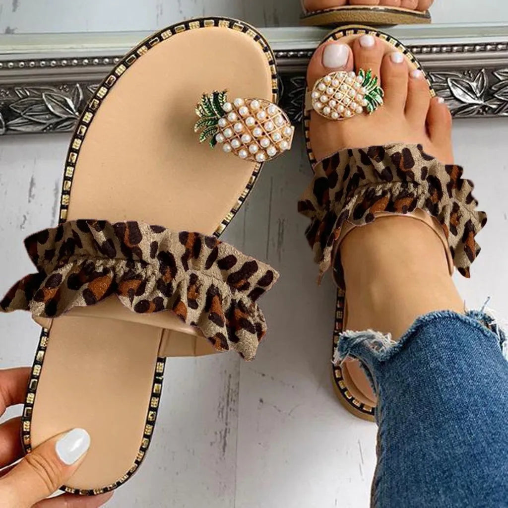 Women Slipper Pineapple Pearl Flat Toe Bohemian Summer Beach Sandals Ladies Shoes plus size Mujer Verano Brown