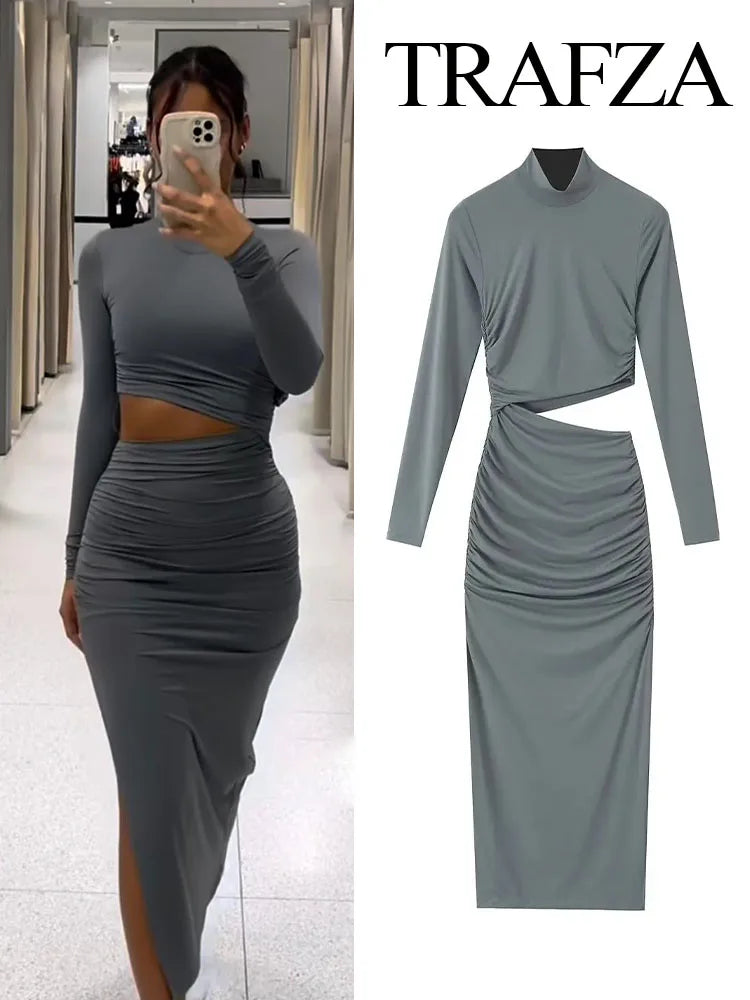 TRAFZA Female Vintage Chic Dresses Solid Color O-Neck Long Sleeve Hollow Out Waist Folds Women's Autumn Fashion Long Dresses