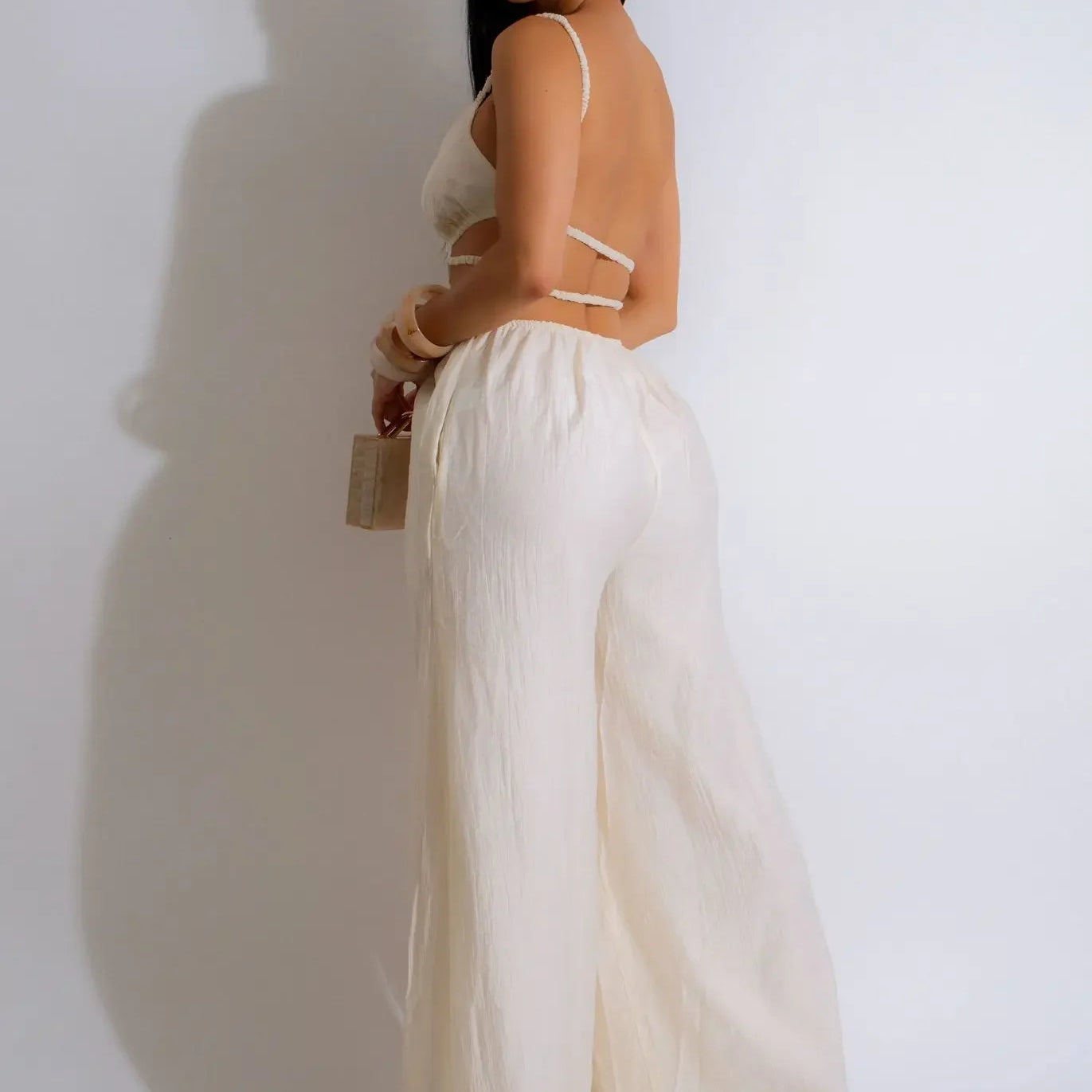 CM.YAYA Women Sleeveless Strap V-neck Backless Wide Leg Long Jumpsuits 2025 Summer Beach Night Club Street Sexy Outfit Rompers