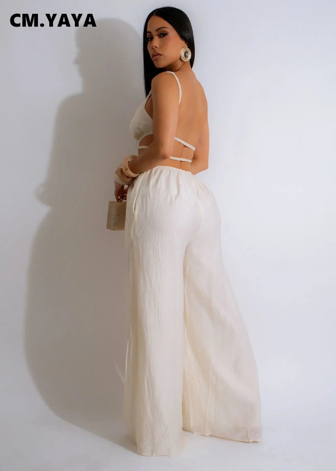 CM.YAYA Women Sleeveless Strap V-neck Backless Wide Leg Long Jumpsuits 2025 Summer Beach Night Club Street Sexy Outfit Rompers