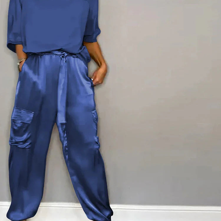 Fashion Solid Color Satin Two Piece Set Women Round Neck New Spring Summer Top Long Pants Casual Loose Two Piece Set Blue