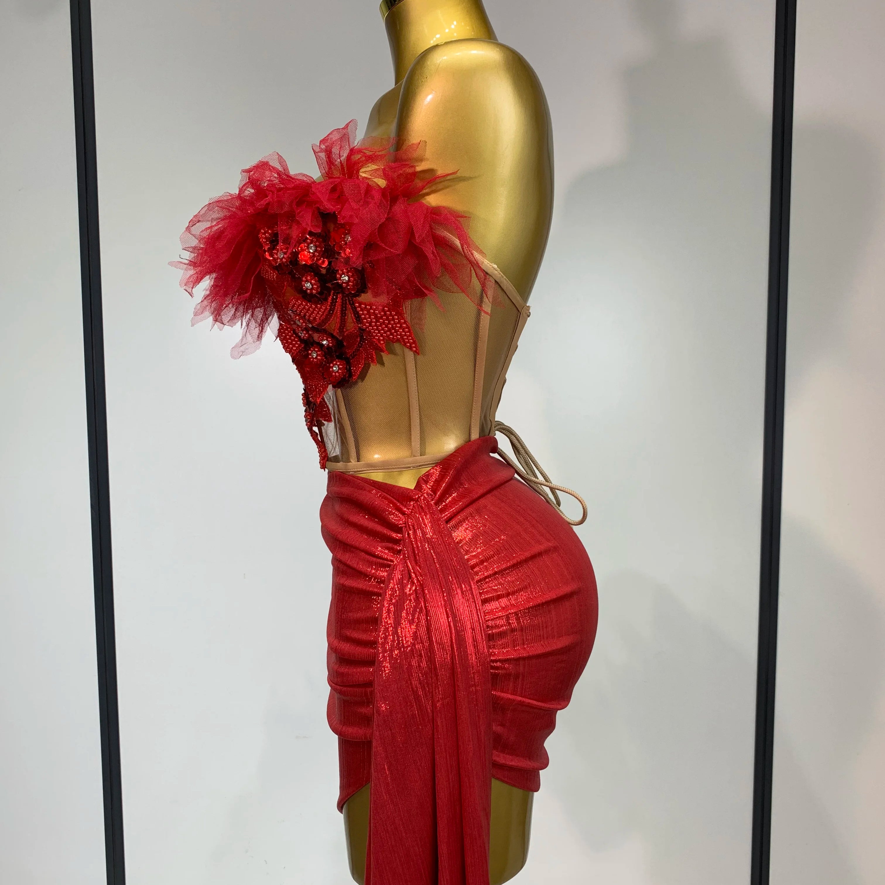 Women Sexy Two Pieces Set Beading Bodycon Mini Dress Nightclub Evening Party Celebrate Birthday Bar Singer Performance Costume