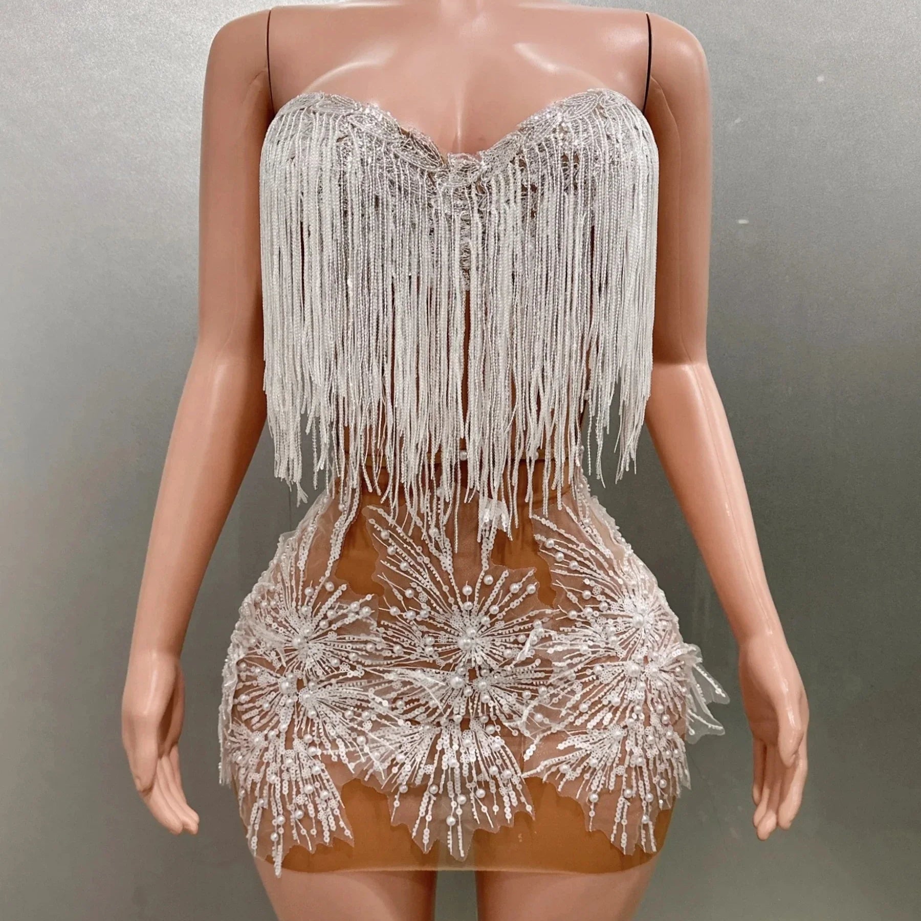 STOCK Women Sexy Off the Shoulder Shinning Sequins Tassels Bodycon Mini Dress 2 Pieces Celebrate Nightclub Performance Costume