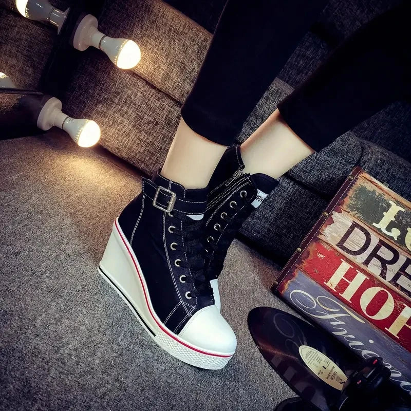 High Top Canvas Women Wedge Shoes Women's Denim Ankle Lace Up Ladies Ankle Canvas Shoes Woman 8cm Heels Sneakers