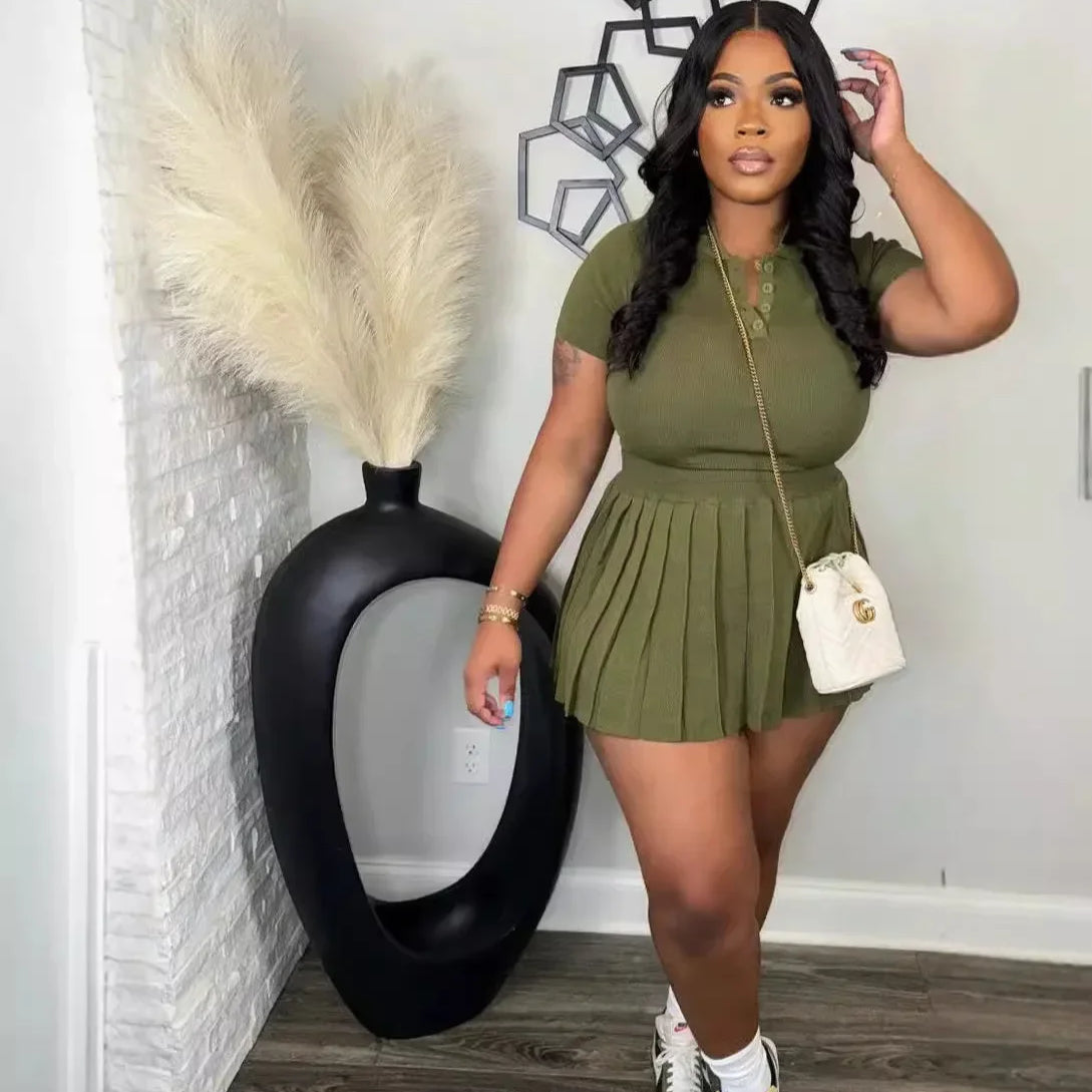 CM.YAYA Fashion Sport Women's Set Pleated Mini Skirt and Short Sleeve T-shirt Top 2024 Street Two 2 Piece Dress Sets Outfits