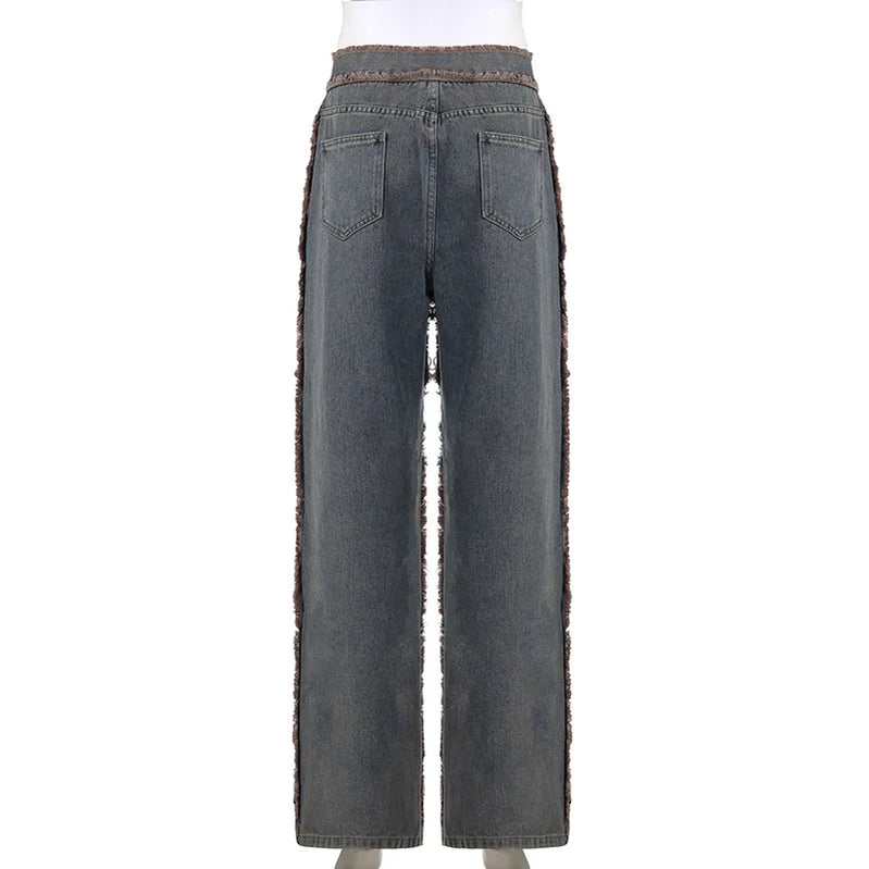 Streetwear Hip Hop Spliced Women Jeans Low Rise Loose Straight Tube Floor Dragging Pants Grunge Punk High Street Denim Pants Y2K