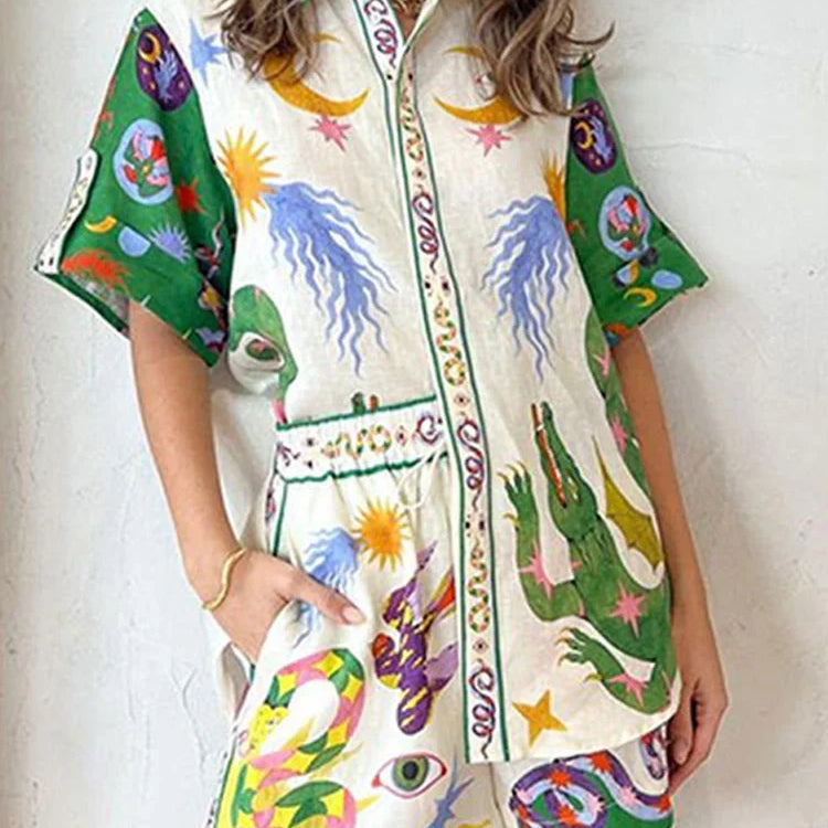 Women Fashion Printed Shorts 2 Piece Sets Causal Loose Lapel Single Breasted Shirts And Drawstring Short Suits Lady Beach Outfit