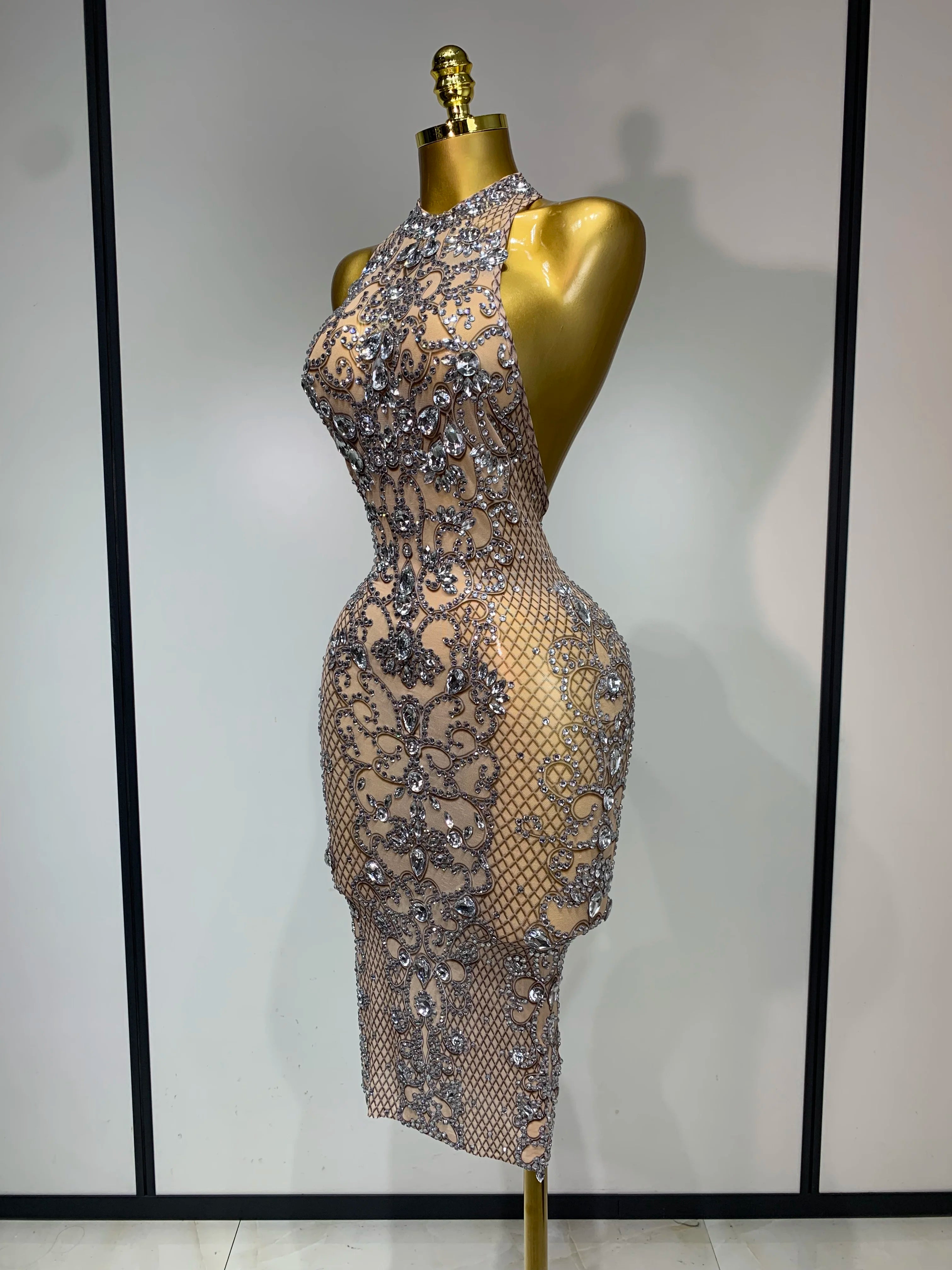 Women Sexy Backless Mesh Crystal Diamonds Performance Costume Stage Dancer See Through Stretchy Nightclub Evenig Party Dresses