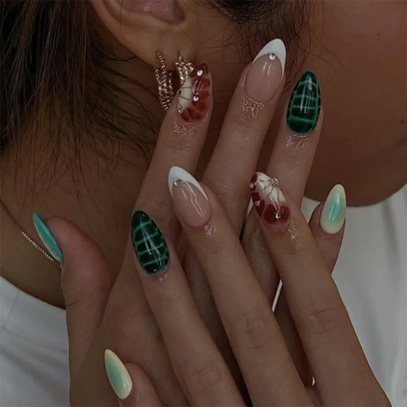 24pcs Leopard Print French Fake Nails Tips Yellow Short Oval False Nail Art Wearable Flower Almond Press on Nails Sets Finished