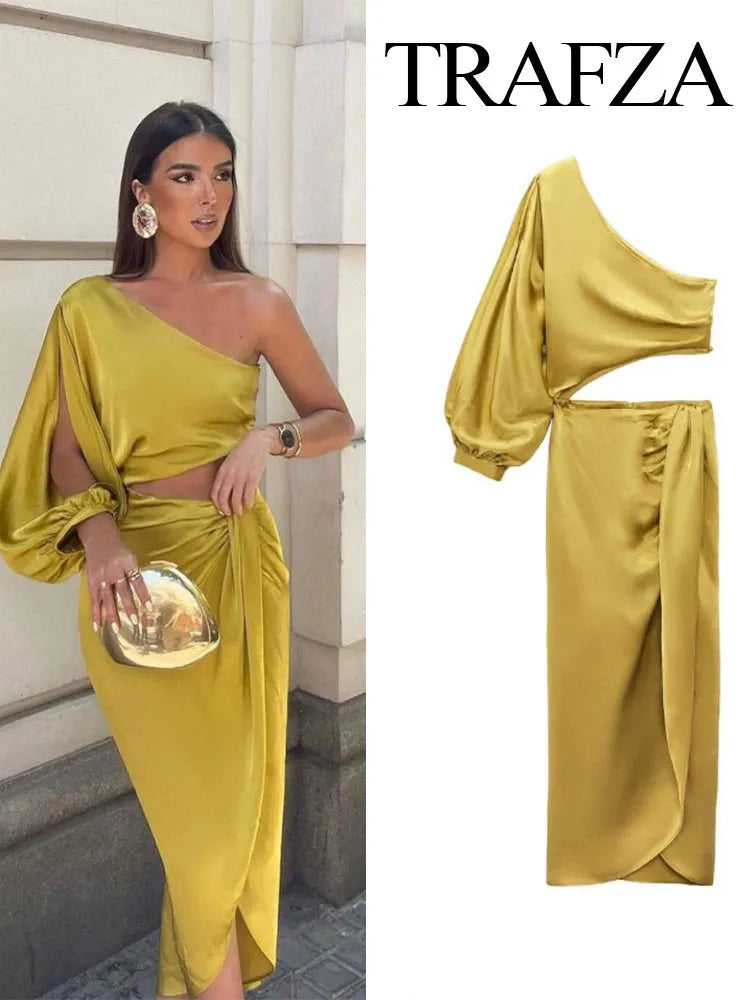 Dress For Women Yellow Asymmetric Satin Cut Out Long Dress Women Ruched Off Shoulder Elegant Dresses Evening Party Dresse