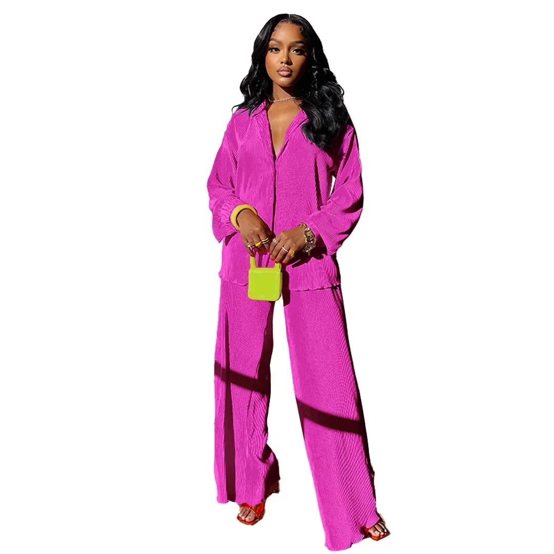 CM.YAYA Street Women's Set Long Sleeve Shirt Tops and Wide Leg Pants Elegant Tracksuit Two Piece Set Sweatsuit Fitness Outfits