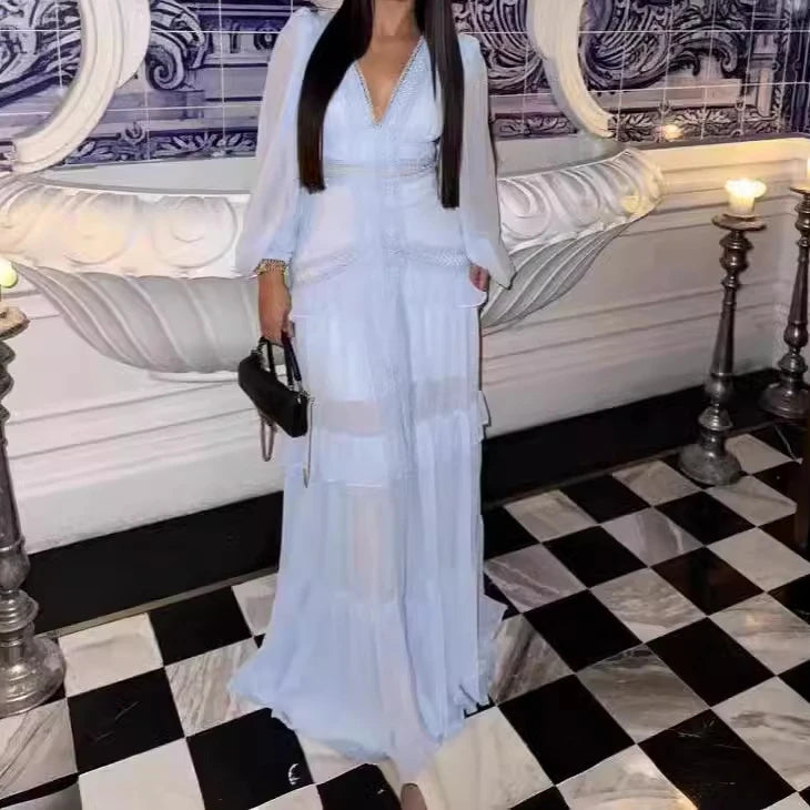 CM.YAYA Women V-neck Full Sleeve Ruffles Lace Long Maxi Dress 2025 Spring Beach Holiday Party Sexy Street Vestidos Sexy Dresses