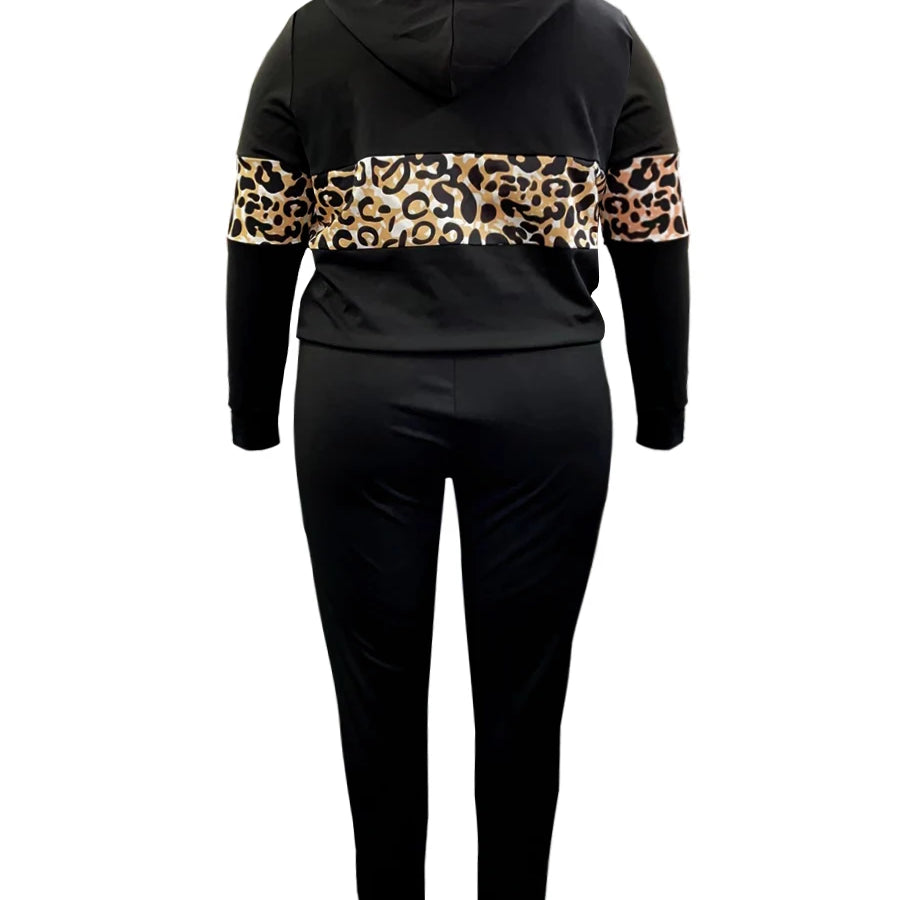 LW Plus Size Hooded Collar Leopard Print Tracksuit Set Drawstring Long Sleeve Hoodie & Pocket Design Pants Two-Pieces Set