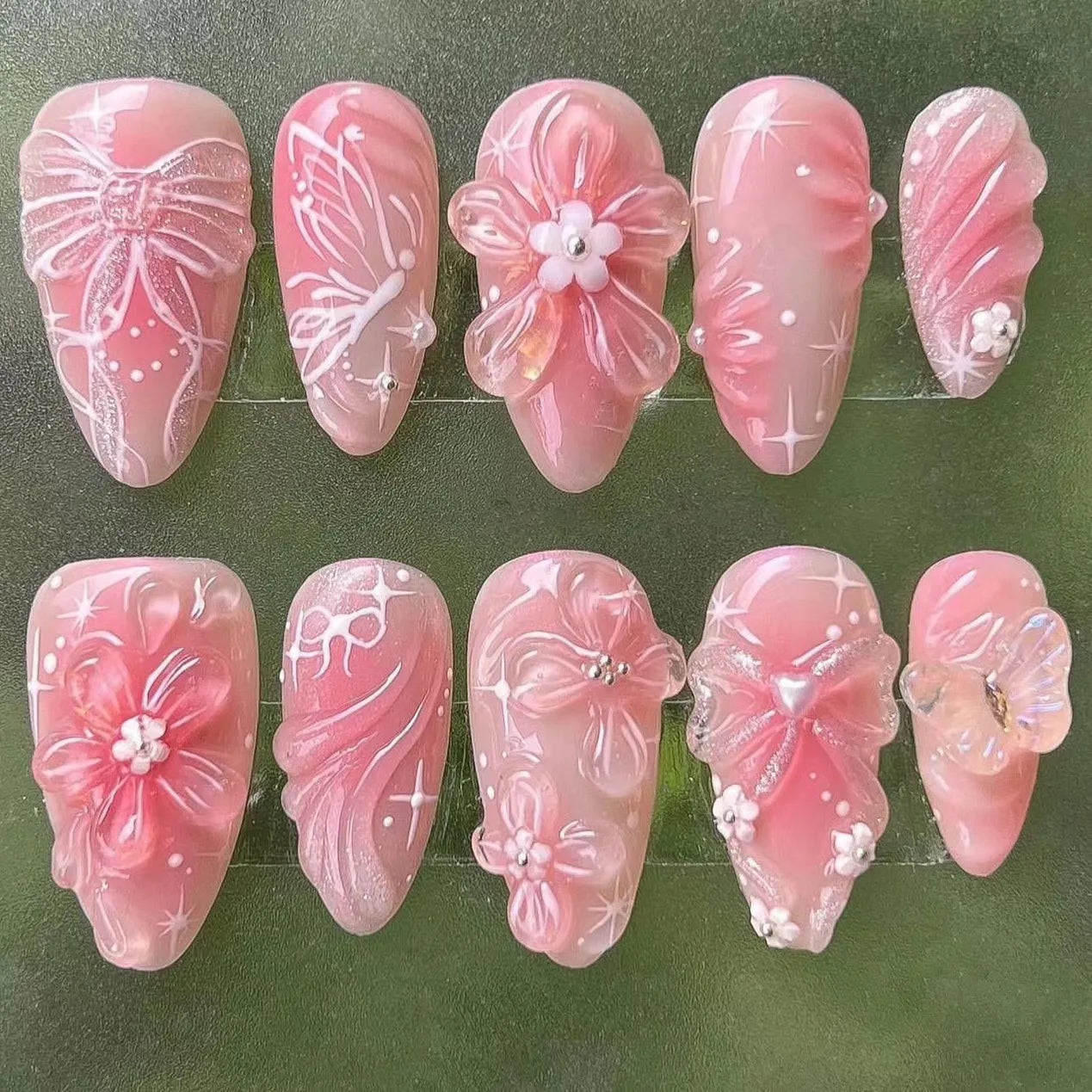 24Pcs Almond False Nails with Broken Diamond Fashion Green Flower Design Nail Art Tips Wearable Full Cover Press on Fake Nails