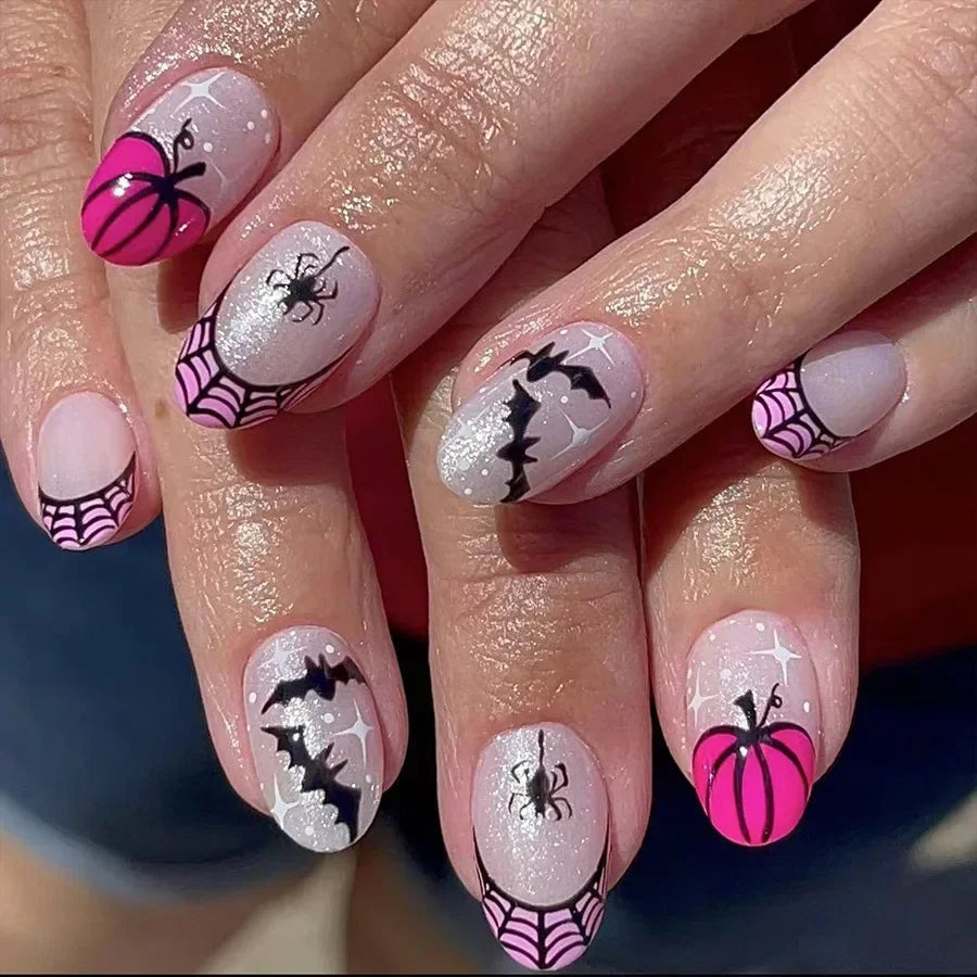 24 peças de unhas postiças artesanais de amêndoa para Halloween, cobertura total, páscoa, morcego, aranha, unhas postiças legais Y2K, manicure usável, pontas de unhas artísticas