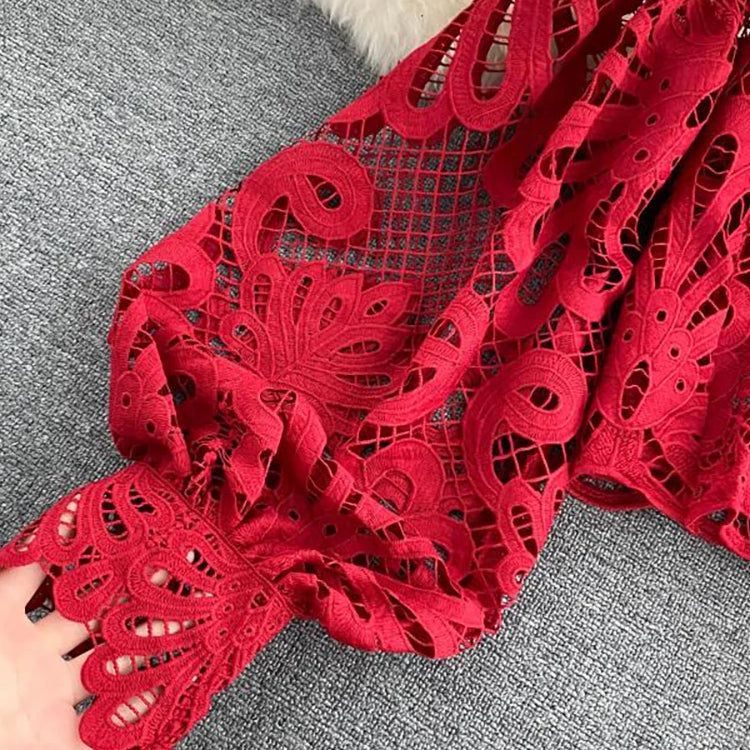 Sexy Lace Hollow Out Short Blouse Casual Lantern Long Sleeve Stand Collar Shirts Female Elegant Red/Pink/White Loose Tops