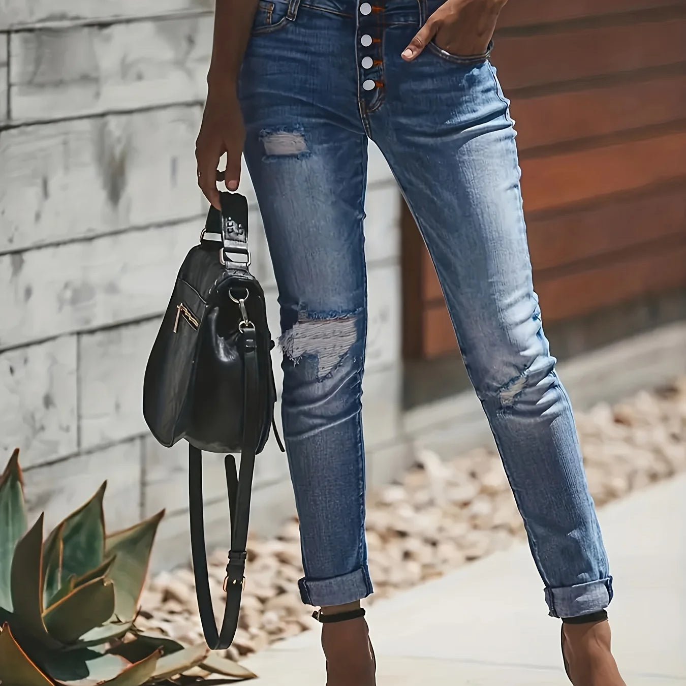 Blue Ripped Holes Denim Jeans, Slim Fit Single-Breasted Button High-Stretch Casual Denim Pants, Women's Denim Jeans