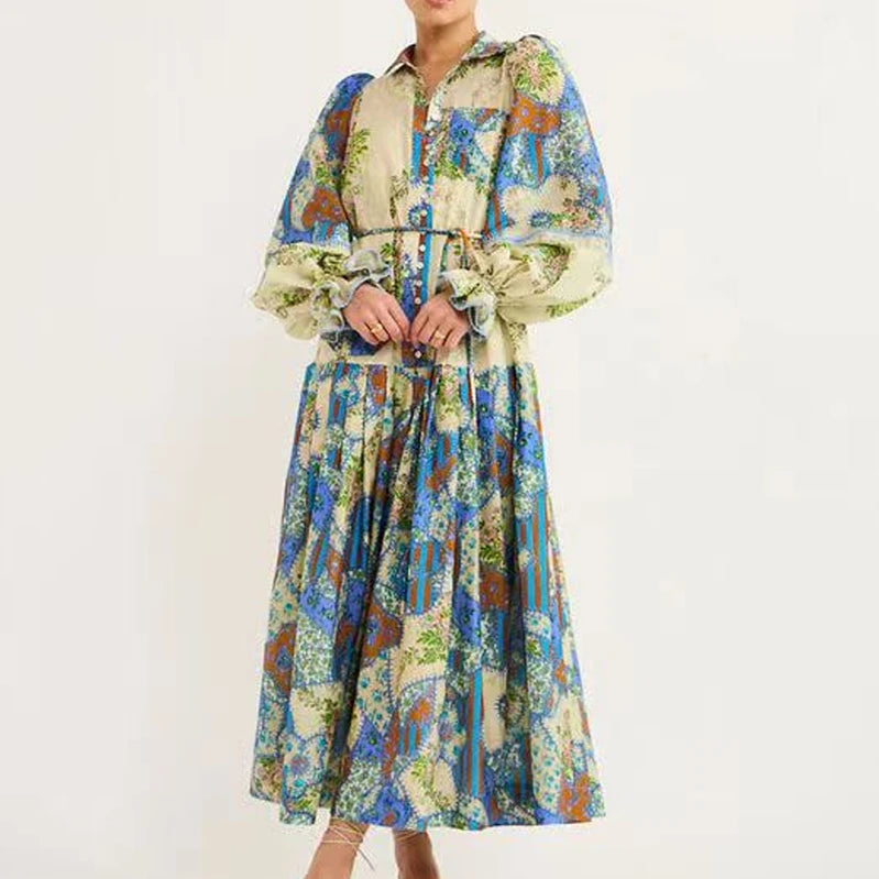 Elegant Loose Tie-Up Stand Collar Shirt Dress Women Fall Boho Print Pink Maxi Dress Fashion Geometric Cartoon Pattern Long Dress