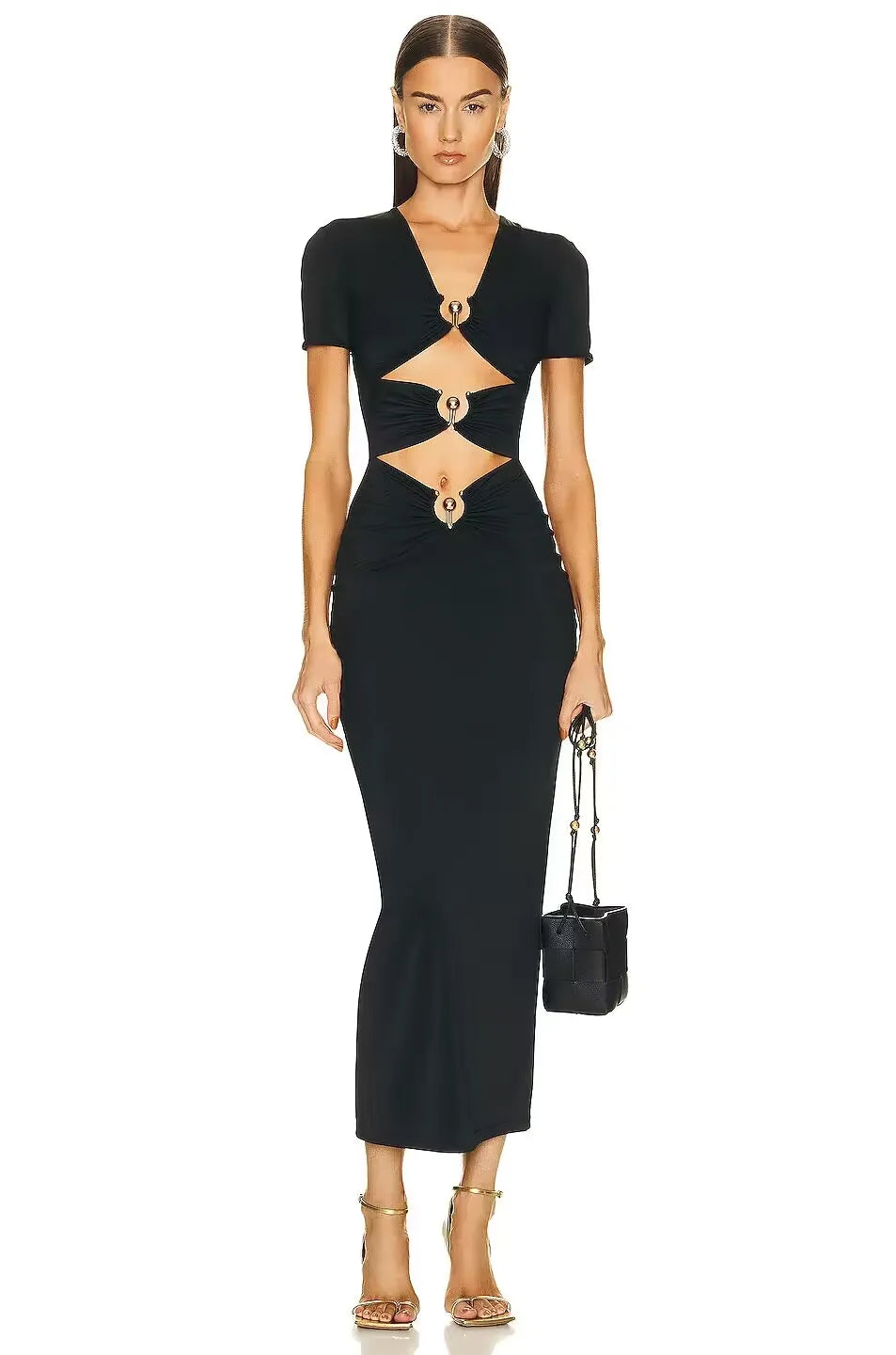 Metal Button Sexy Short Sleeve Hollow Out Tight Bandage 2023 Summer Women V Neck Celebrity Party Elegant Fashion Mid Dresses