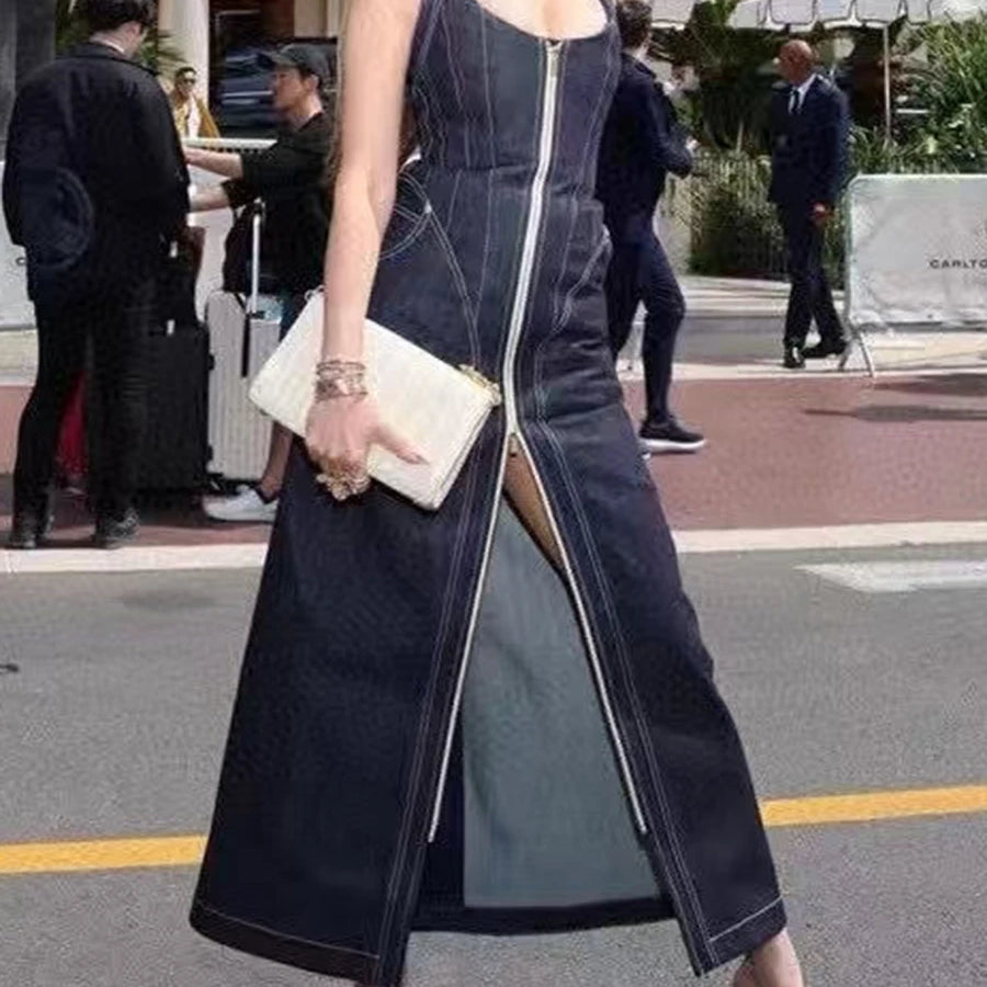 TWOTWINSTYLE Solid Slimming Spliced Zipper Cowboy Dresses for Women Halter Neck Sleeveless Temperament Dress Femlae Fashion New