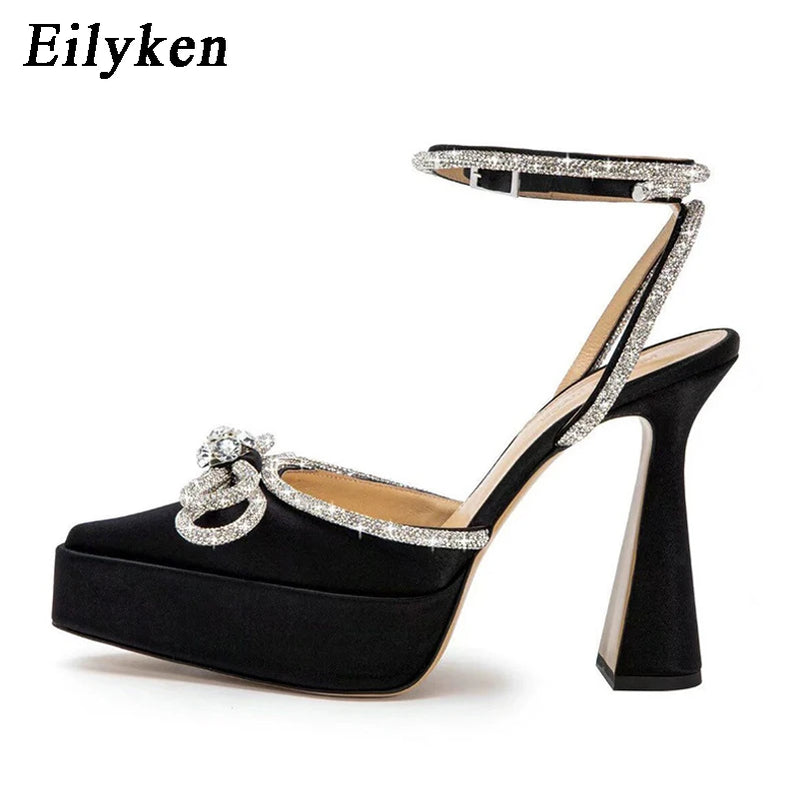 Runway Style Brand High Heels Women Pumps Fashion Butterfly-knot Crystal Pointed Toe Platform Chunky Party Prom Shoes