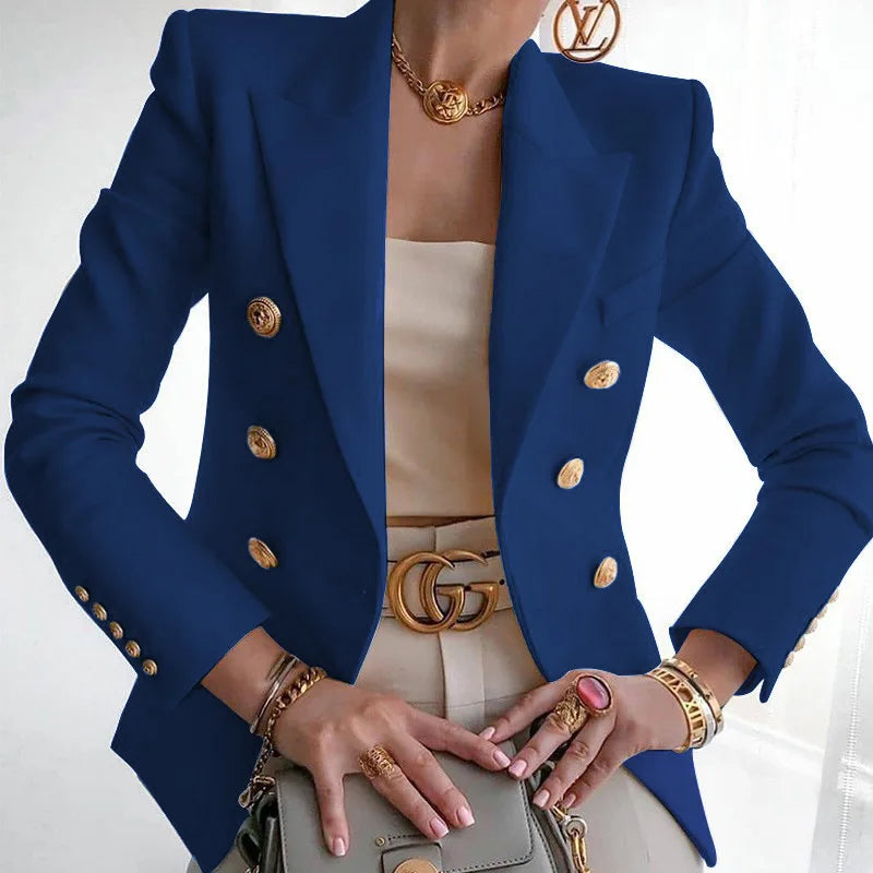 Women Blazer Double Breasted Solid Color Slim Long Sleeve Business Casual Fashion Short Coat Office Ladies Female Suit Jacket Navy Blue