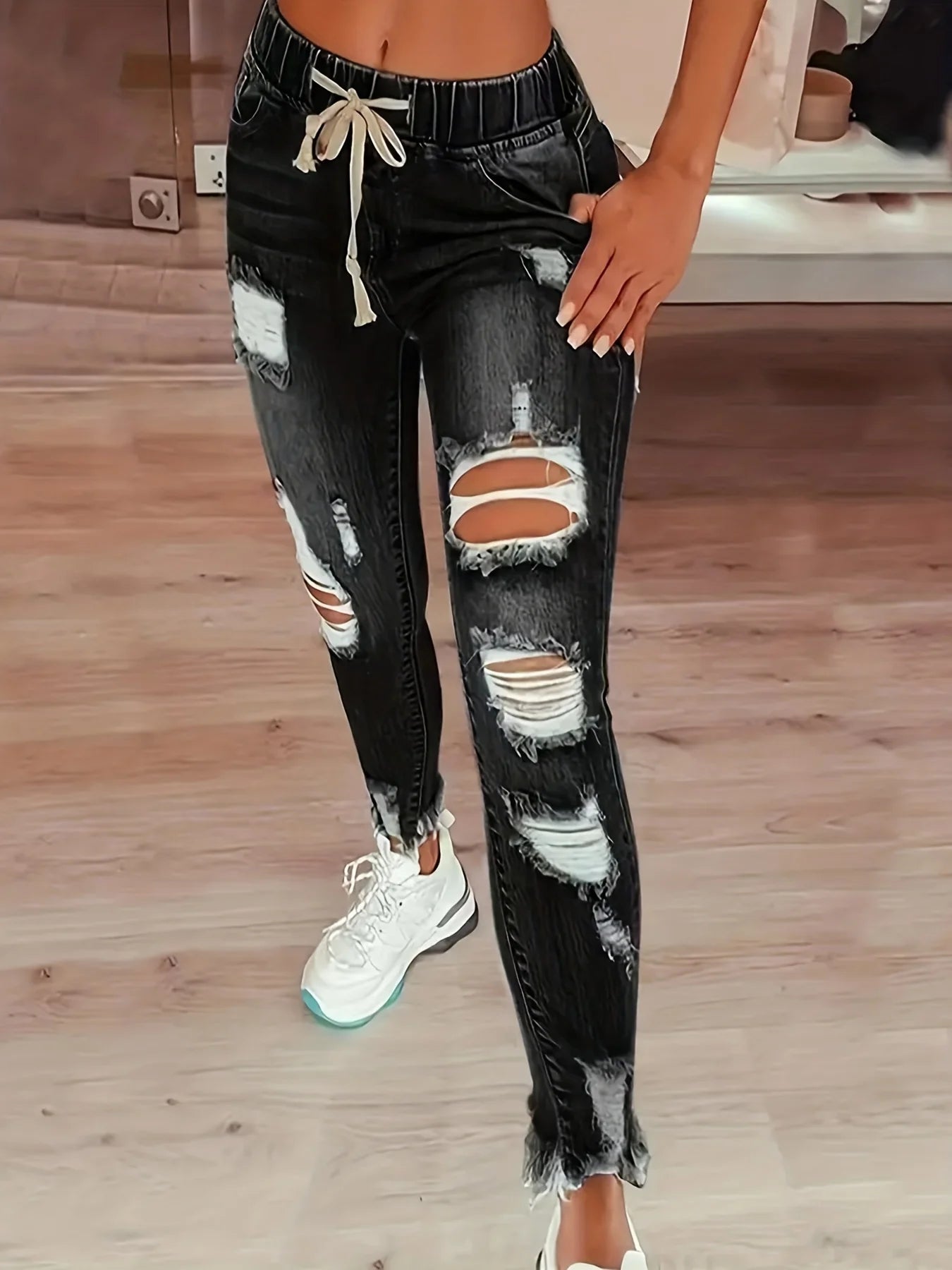 Black Ripped Holes Skinny Jeans, Slim Fit Distressed Raw Hem Elastic Waist Denim Pants, Women's Denim Jeans & Clothing black