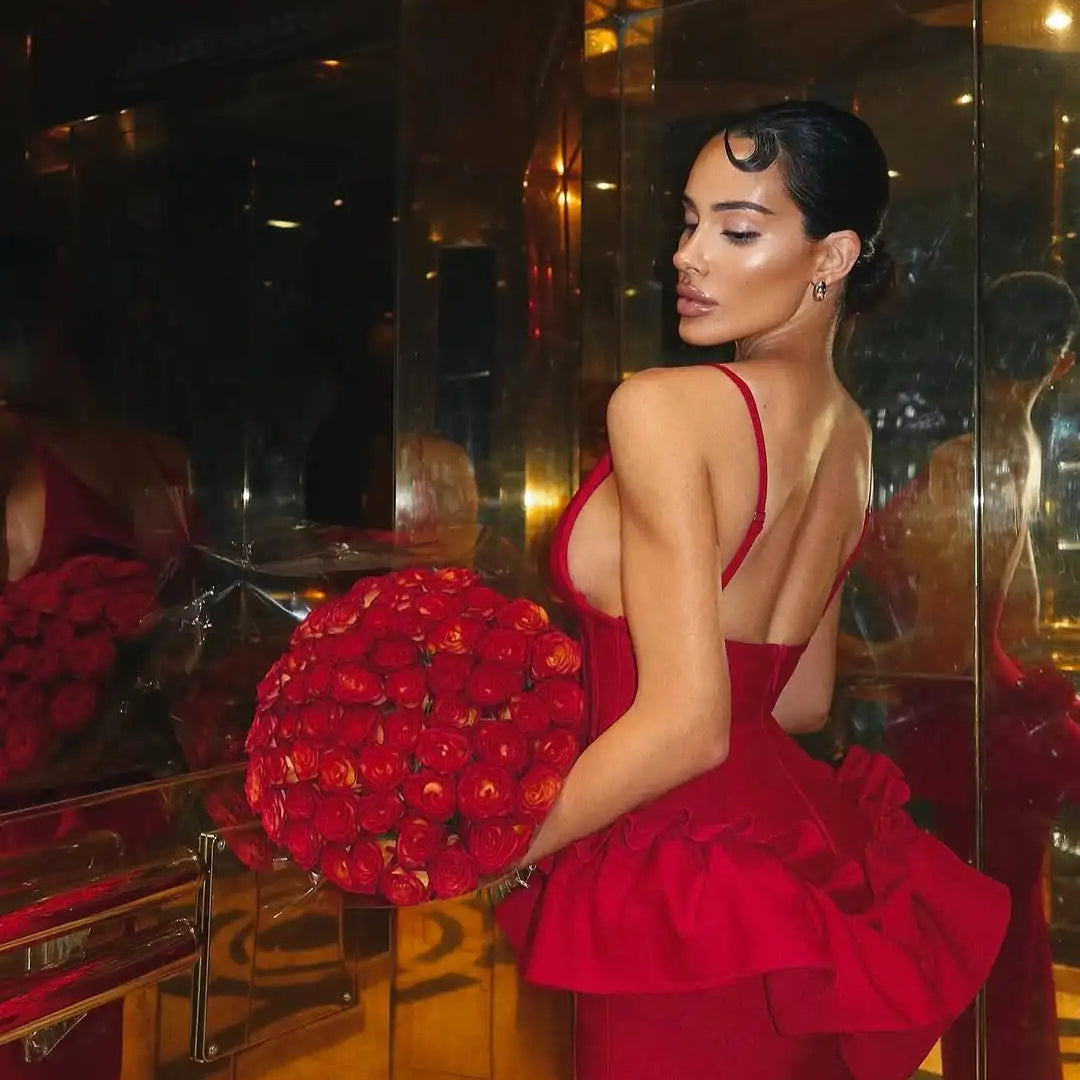 Valentine's Day Women Sleeveless V-Neck Ruffles Bodycon Long Bandage Dress Celebrate Evening Party Birthday Cocktail Dress