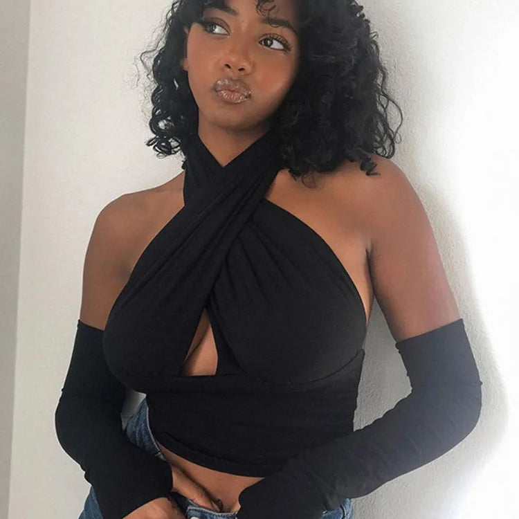 Women Strappy Cross Over Front Cut Out Halter Neck Sleeveless Backless Crop Top Bandage Vest Summer Sexy Tops Woman Clothes S-XL