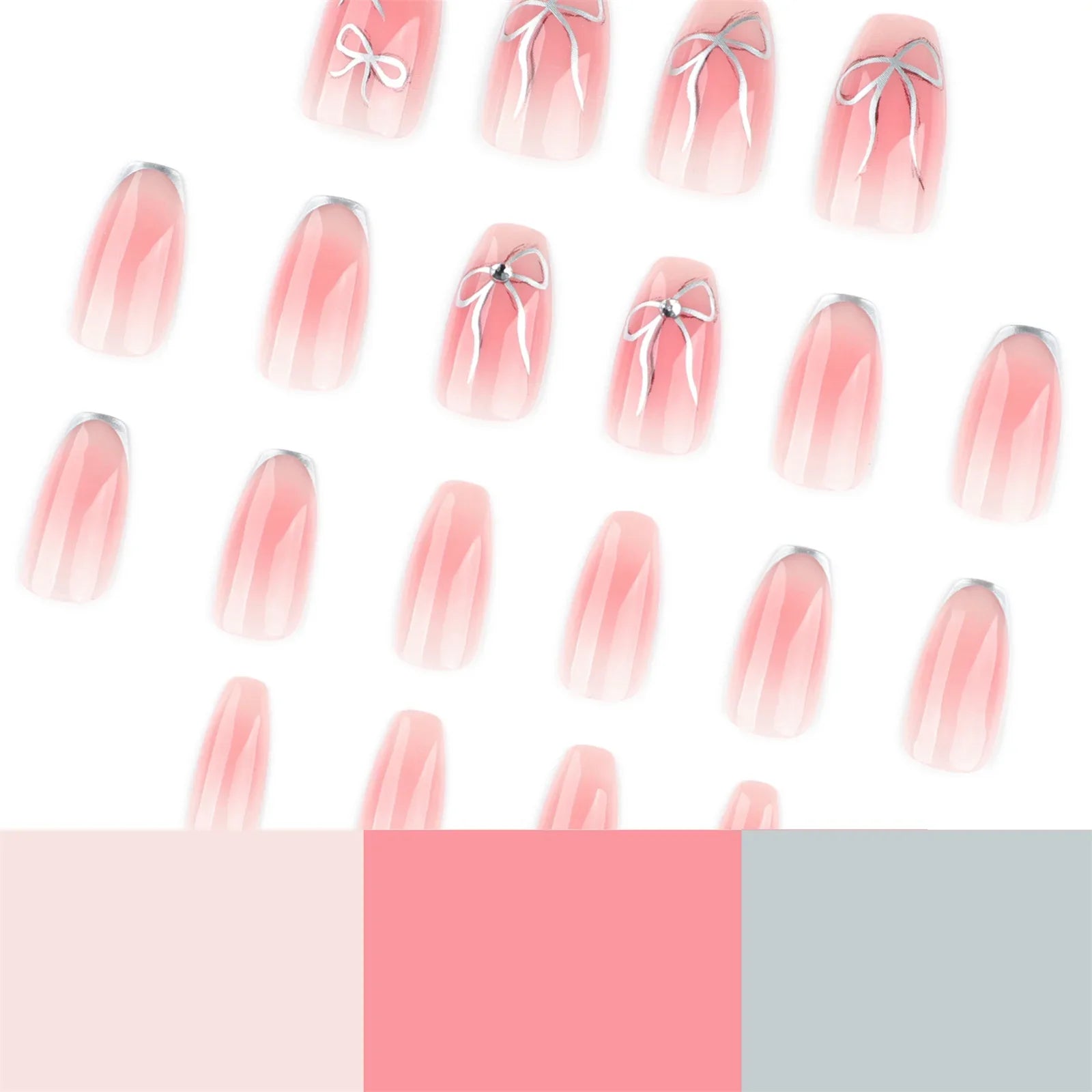 Short Ballet Fake Nails 24Pcs Blush Pink Press On Nails Silver Bowknot Printed French False Nails Patches DIY Charm Manicure