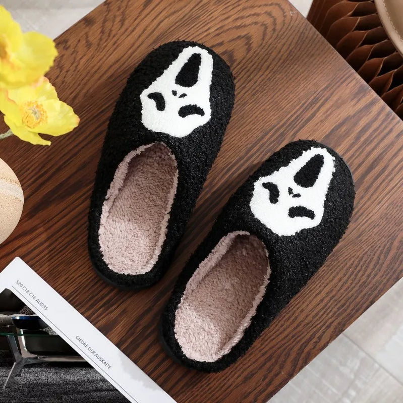 Winter Warm Plush Slippers Women's Halloween Black Ghostface Home Cotten Slippers Men Flip Flops Indoor Floor Slippers Gifts