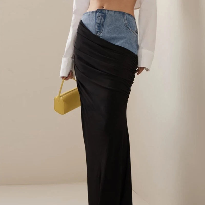 Women Designer Bodycon Maxi Skirt Colorblock Spliced High Waist Stretch Ruched Casual Long Pencil Skirt