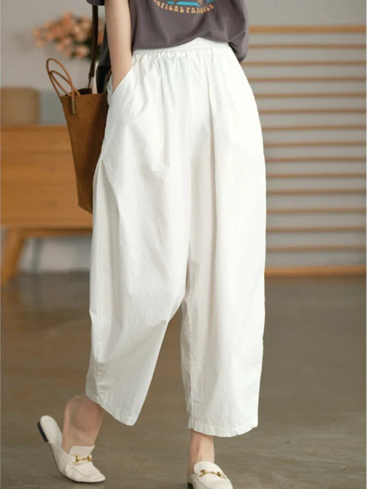 Women Summer Pants New High Waist Wide Leg Retro Cropped Trousers Casual Loose Baggy Cotton Linen Pants for Women Bottoms WHITE