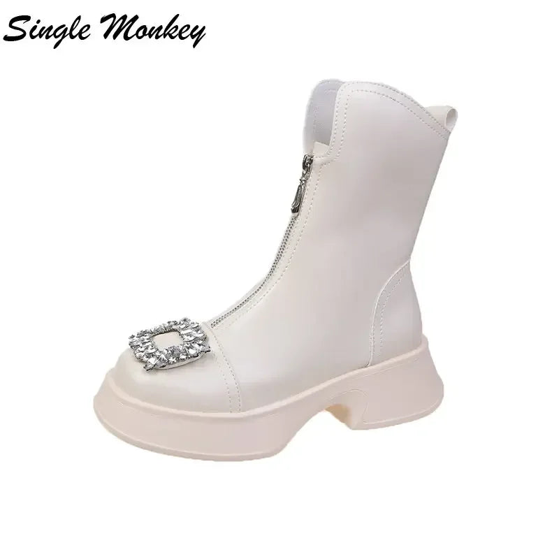 Autumn Chunky Crystal Zipper Chelsea Boots Women Shoes Designer Fashion Ankle Boots Snow Punk Goth Gladiator Lady Shoes