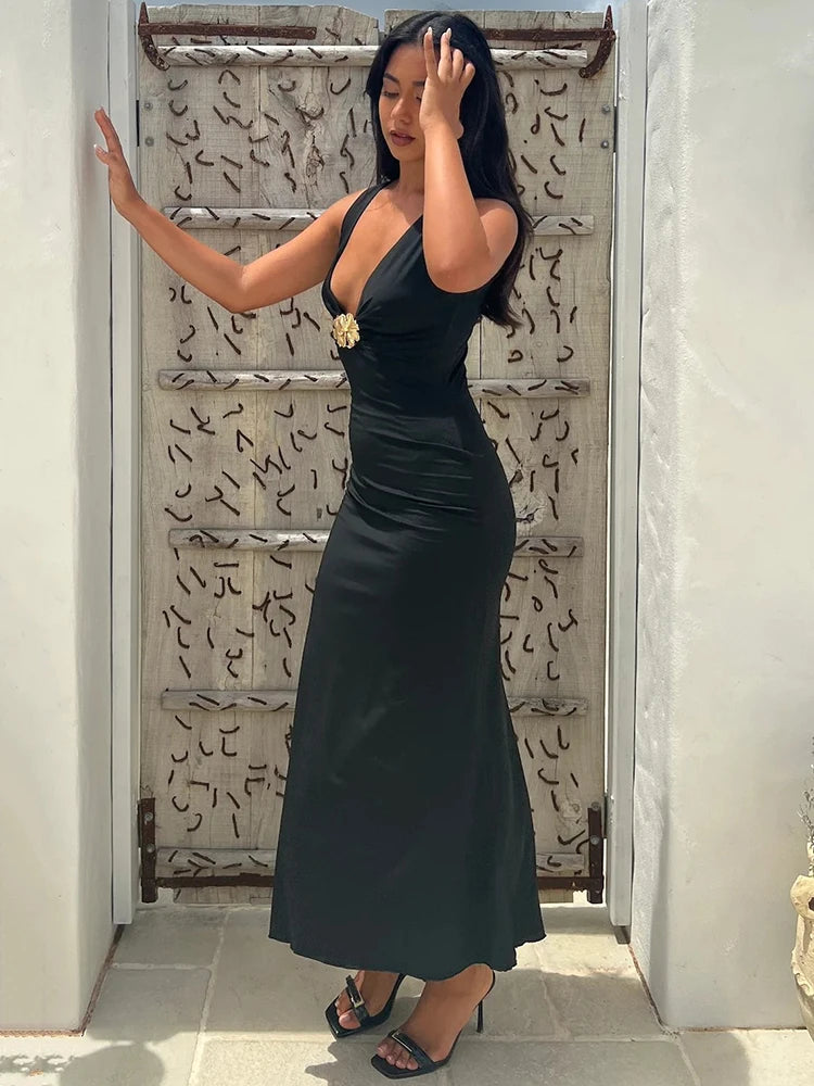 Elegant Deep V Neck Front Gold Clasp Sexy Maxi Dress For Women Black Gown Sleeveless Slim Fit Long Tank Dress Elegant