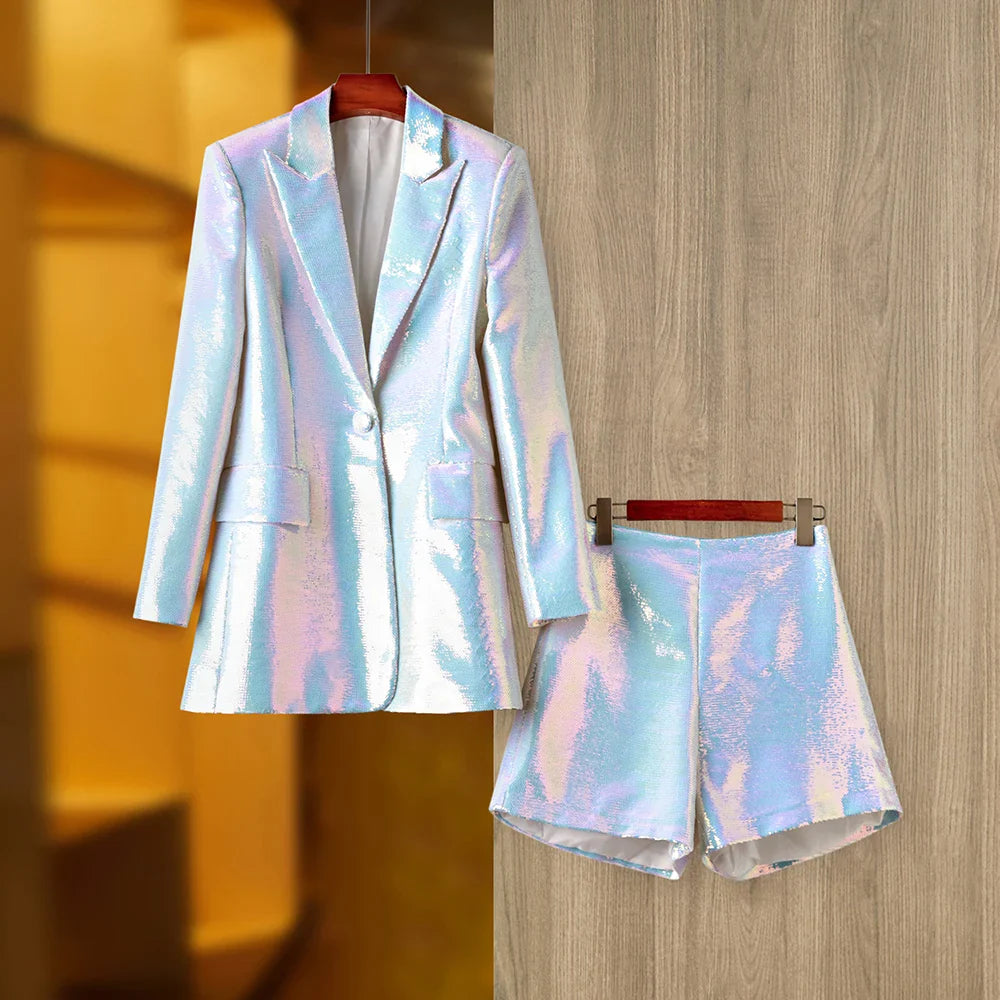 Party Evening Design Shining Bling 2PCS White Blazer Shorts Suits Euopean American Style Sequins Twin Sets High Quality WHITE
