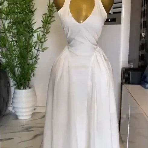 CM.YAYA Women Halter V-neck Backless Sleeveless Big Swing Bodycon Mid Maxi Long Dress 2025 Vacation Sexy Party Evening Dresses