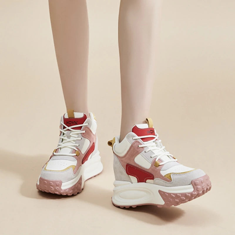 Fujin 8.5cm Cow Genuine Leather Thick Soled Spring Platform Wedge Chunky Sneakers Women Autumn Fashion Hidden Heels Ladies Shoes