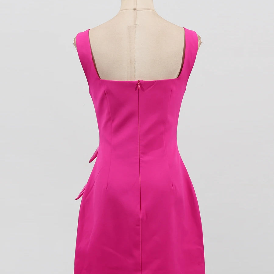 TWOTWINSTYLE Rose Slimming Spliced 3D Flower Mini Elegant Dresses for Women Square Neck Sleeveless Dress Female Fashion Clothing