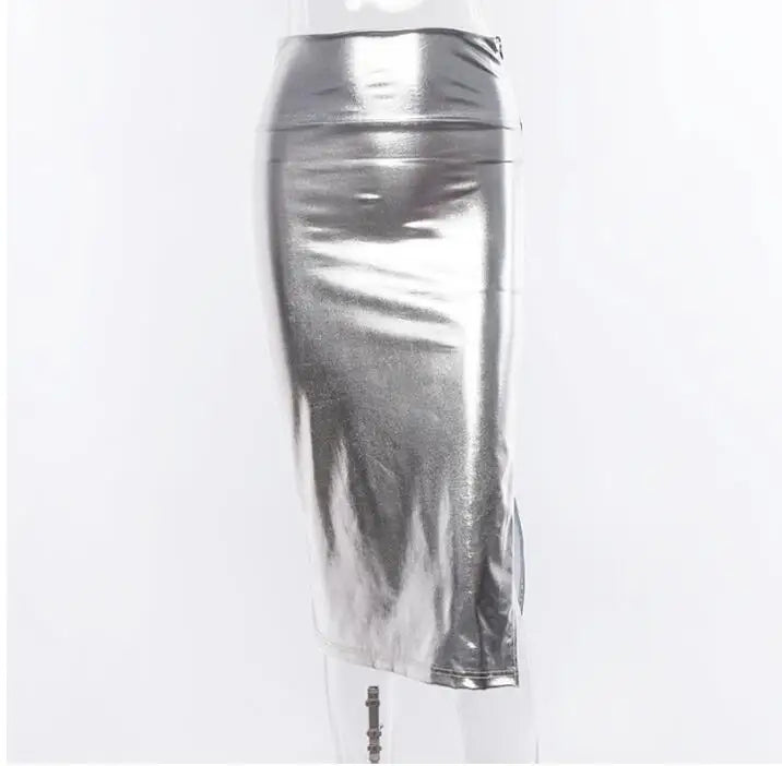 Sexy bodycon split silver skirt Women high waist skirt winter Female Elegant Fashion party bottom long skirts