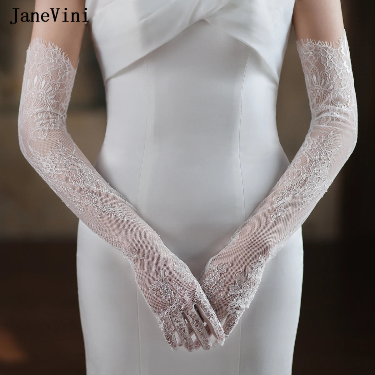 Elegant 60cm Long White Bridal Gloves Lace Hollow Tulle Gloves Full Finger Women's Wedding Dress Party Accessories