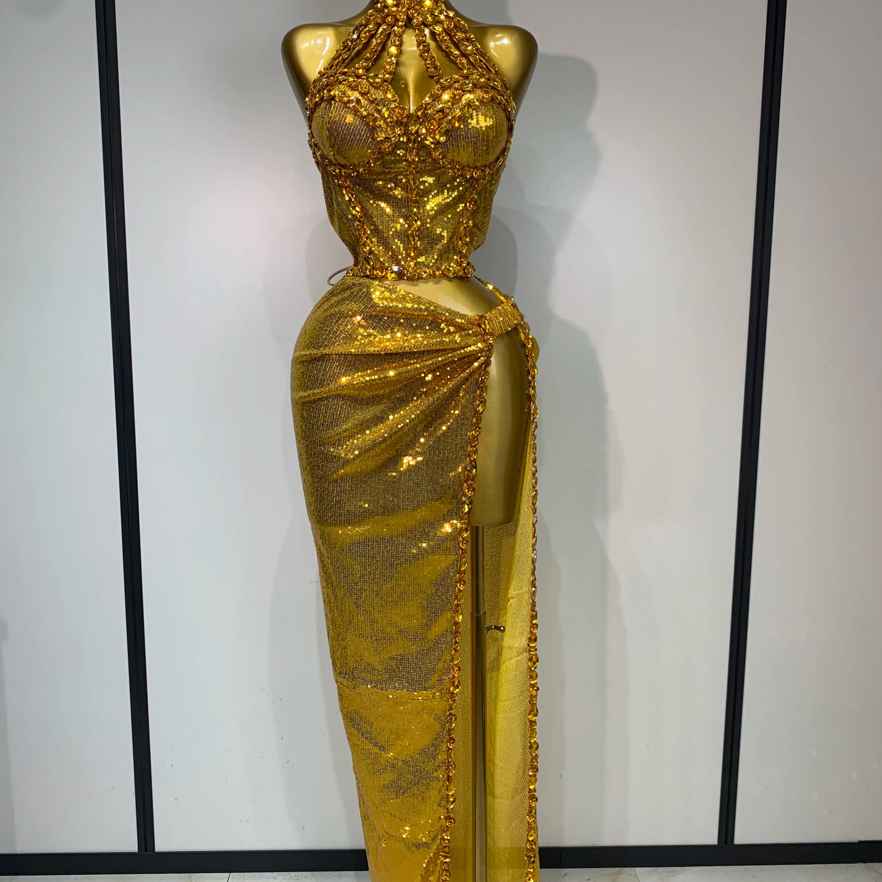 Women Sparkly Gold Rhinestones Top Long Skirt Two Pieces Set Singer Dancer Performance Costume Nightclub Luxury Birthday Dress