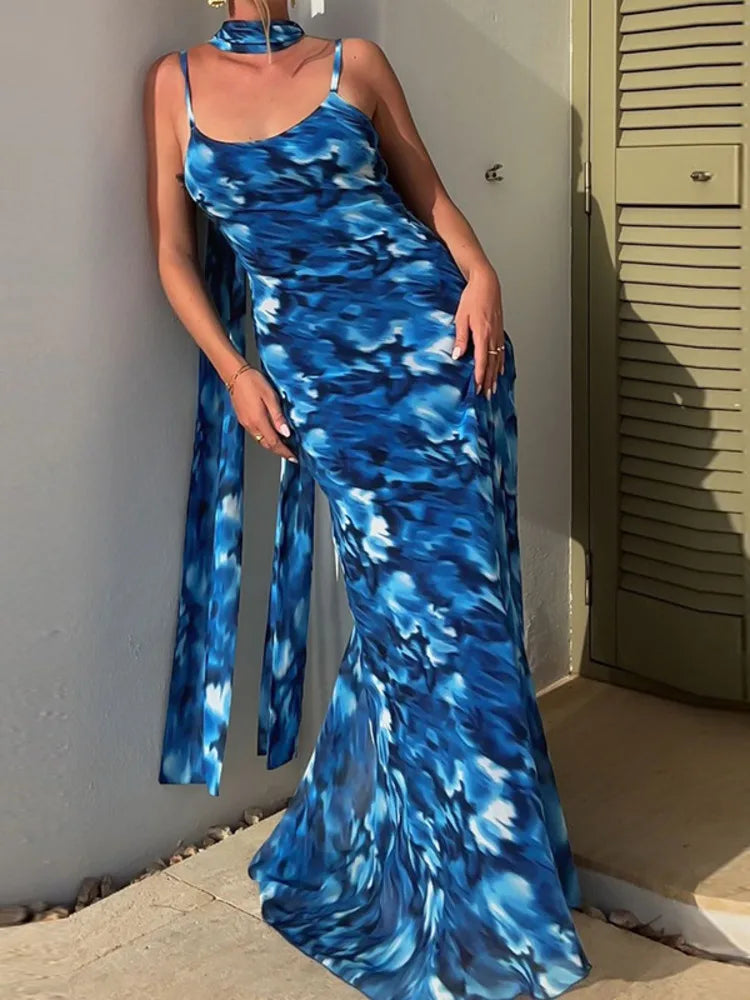 Halter Backless Print Sexy Maxi Dress For Women Gown Elegant Blue Printed Lace-up Sleeveless Evening Long Dress
