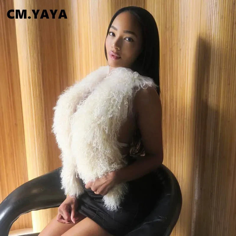 CM.YAYA Women V-neck Sleeveless Tassel Tops Vests Coats 2025 Winter Fur Collar Halter Backless Keep Warm Wool Jackets Outcoat